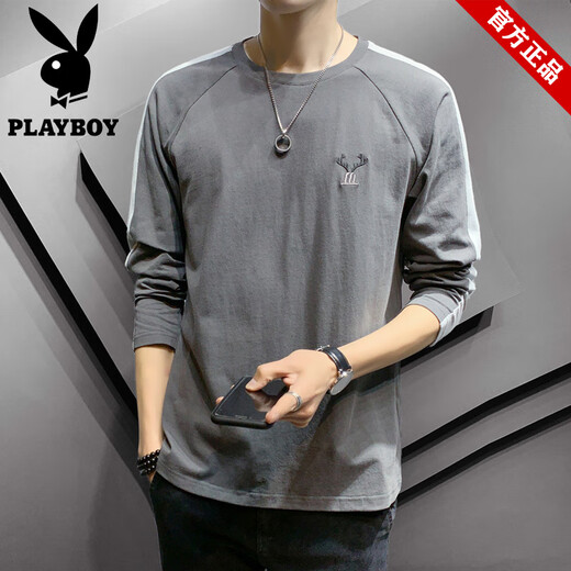 花花公子（PLAYBOY）品牌纯棉长袖t恤男装春夏季宽松刺绣打底衫上衣男款潮牌圆领卫衣 692杏色+692灰色【共2件】 2XL (约140-155斤可穿)