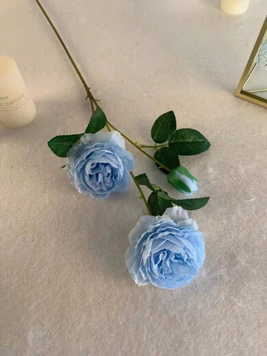 Simulated 3-head foreign peony wedding flower arrangement rose flower sea wedding layout fake Brazilian roses arranged on the ground to lead silk flowers sky blue This link is full of 20 pieces