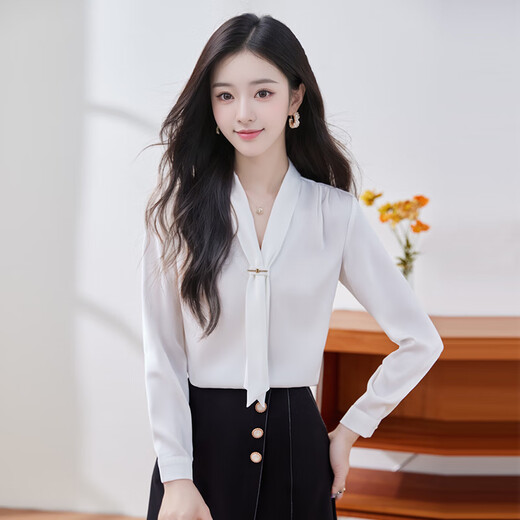 Troman commuter temperament shirt women's long-sleeved ribbon spring fashion casual design niche shirt white