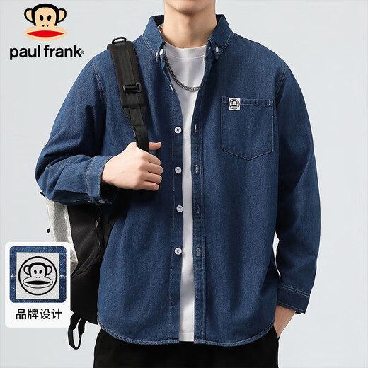 Paul Frank long-sleeved shirt men's spring and autumn casual denim shirt men's jacket men's trendy tops men's dark blue 3XL