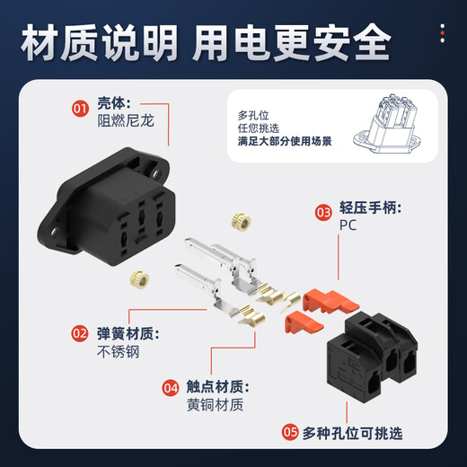 Huijun Quick Connect Pin Socket Weld-free Quick Wiring Press Power Socket Three-core Charging Pin Pin Male 250V10A KC-14-1Q Quick Connect Pin Socket Black-Three Color Handle-5 Pack