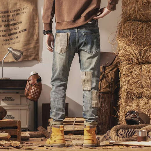 Western Camel (Vancamel) Spring and Summer Brand Trendy Brand American Jeans American Jeans Men Small Straight Foot Retro Retro Ripped Patch Pants Trendy H9735 Blue Jeans 28