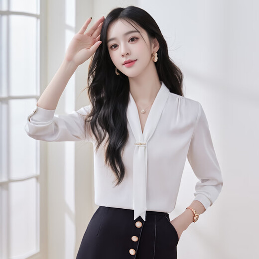 Troman commuter temperament shirt women's long-sleeved ribbon spring fashion casual design niche shirt white