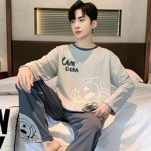 Langsha spring and autumn pajamas men's cotton long-sleeved trousers new cotton round neck young students can wear home clothes set