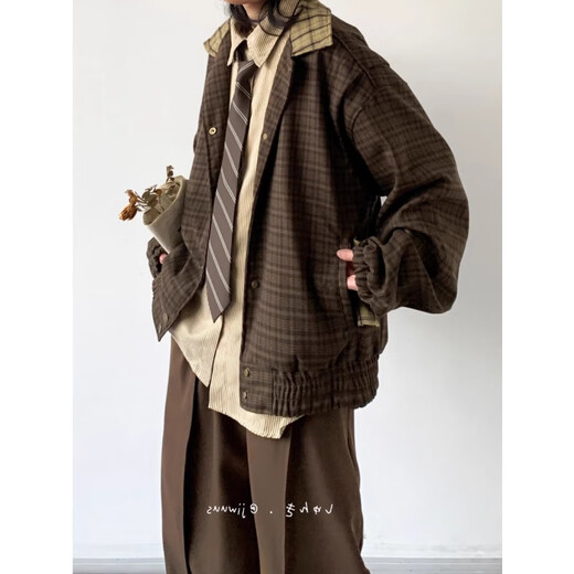 POUM Men's Co-branded Couple Plaid Jacket Men's New Japanese Retro College Style Loose Trendy Brand Youth Jacket Men NFJQ-W91 Coffee XL