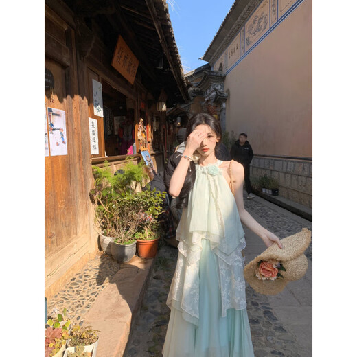 Bei Xianqi 2025 summer new style spliced ​​vacation temperament sweet temperament seaside sleeveless loose dress Mint green dress M