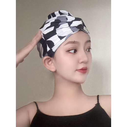 Sanqihu swimming cap for women with long hair, special for not tying the head, cute Japanese face-showing small enlarged head circumference, black trendy fabric, enlarged black cap + earplugs and nose clip set