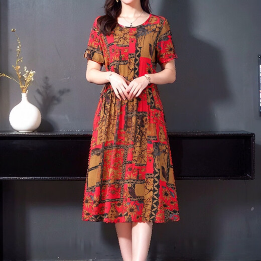 Dengsentu Guangzhou Robe féminine haut de gamme Robe pour femmes de l'âge moyen de l'âge moyen en soie de soie de soie à manches courtes 683 à 2 xl 100jin [Jin est égal à 0,5 kg]