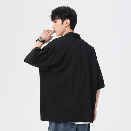 Homlean日系文艺短袖衬衫男春夏季纯色基础款凉感半袖衫HL12黑色XL