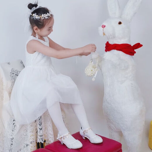 Ye Yu children's high heels student version little girl performance white silver princess shoes girl host with dress crystal shoes white 23 cm inner length 37 size