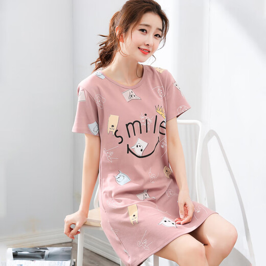 Hongdou (Hodo) nightgown for women's summer pure cotton short-sleeved 2025 new home clothing Internet celebrity women's summer over-knee pajamas dress C1105 3XL women (155-175Jin [Jin equals 0.5 kg])