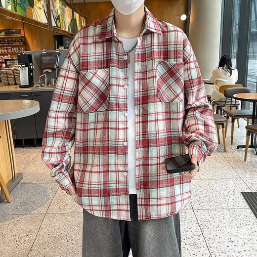 美式长袖衬衫男生春夏季宽松翻领格子衬衣复古潮流休闲百搭外套男 CRYZ687蓝色 M