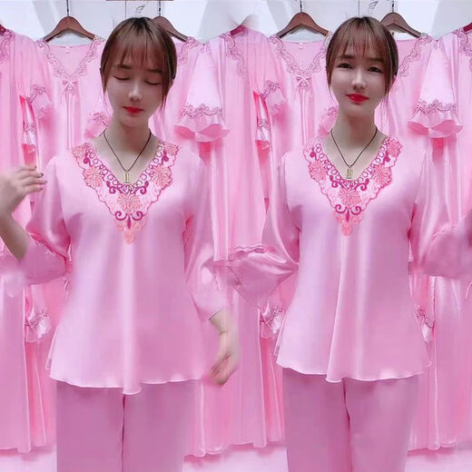 Mu Fengqing Ice Seiden Nachthemd Frauen Zwei-teilige Spitze V-Ausschnitt sexy Frühlings- und Sommer-Langarm-Hosse-Hossed-Simulations-Simulierten-Pyjamas für Frauen mit langärztem 9856 hellrosa Set M [80-100jin [Jin gleich 0,5 kg]]]