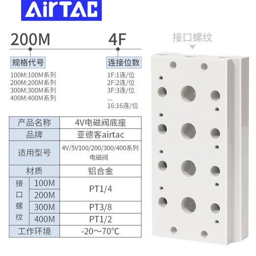 AirTac 4V/5V series solenoid valve base manifold 100M200M300M400 4V200M-4F