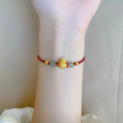 CAMPUSKINGLY Old Phoenix Gold Pure Gold 999 Lucky Bag Bracelet 24K Pure Gold Transfer Beads and Tian Jade Braided Rope Women's Bracelet Red Rope Lucky Bag + 2 Gold Beads Same Style 0.01g