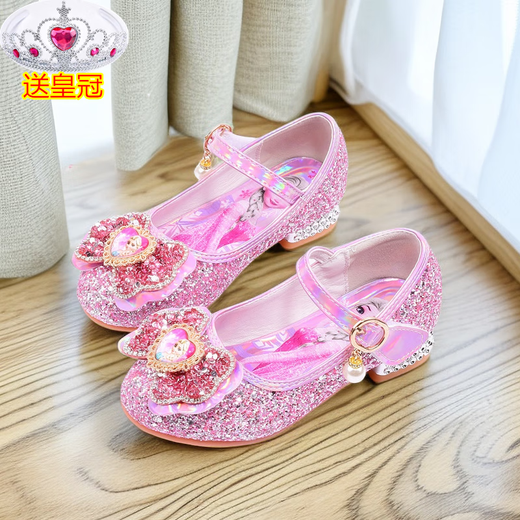 Ye Yu Girls' High Heels Spring and Autumn Elsa Frozen Princess Crystal Soft Sole Shoes Elsa Children's Leather Shoes Children's Shoes 810-3 High Heels Ice Blue Free Crown 30 Inner Length 18.5cm