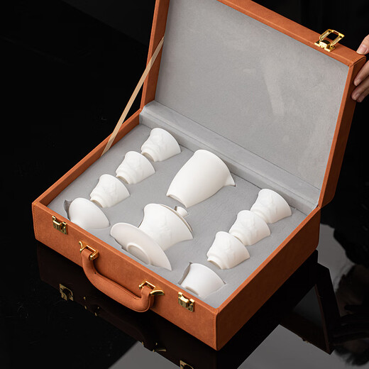 SUSHI CERAMICS mutton-fat jade porcelain ultra-thin body relief mountain and river Sancai Gaiwan Kungfu tea set gift box set
