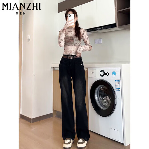 棉致加绒加厚复古直筒牛仔裤女秋冬季新款宽松显瘦高腰哈伦休闲裤子女 黑灰色【723J加绒高品质】 M 90-100斤