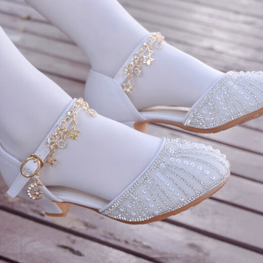 Ye Yu children's high heels student version little girl performance white silver princess shoes girl host with dress crystal shoes white 23 cm inner length 37 size