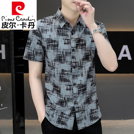 皮尔卡丹（pierre cardin）男士冰丝短袖衬衣夏季设计感印花薄款衬衫时尚休闲男装复古潮 JTL7027绿色 M 90-109斤