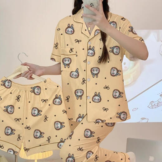 浅物2025新款labubu卡通可爱睡衣女春夏季短袖长裤三件套家居服可外穿 14126#双长拉布布 黄色 三件套  XL  110-130斤