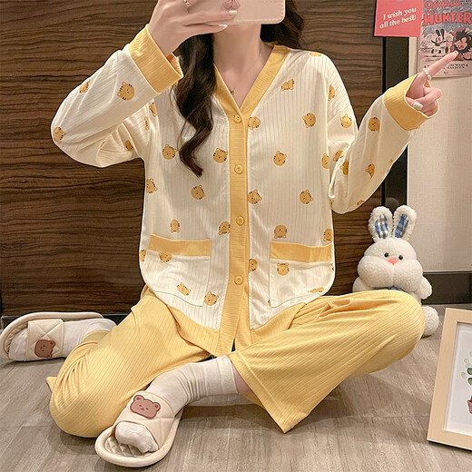 胖东来 DL睡衣女纯棉韩版长袖长裤套装月子服可外穿加大码家居服感 开衫：5009樱桃 M 7095
