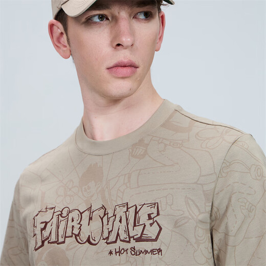 Mark Huafei [7A Antibakteriell + 2a Anti-Mititen] Rundes T-Shirt mit kurzer Ärmel für Männer 25 Frühlings- und Sommer-Coton-Fashion-Cartoon vollgedrucktes T-Shirt 701 Khaki 2xl