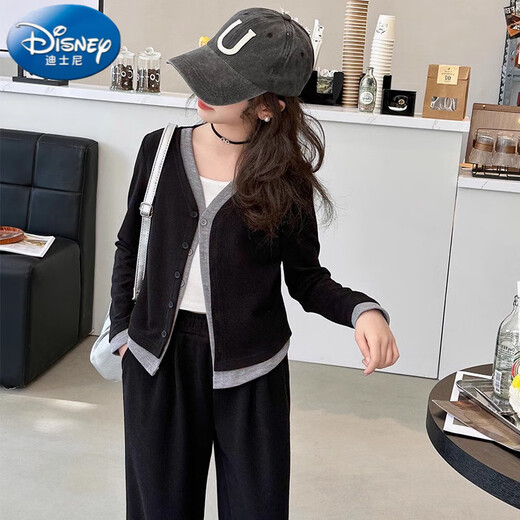 Disney Girls Autumn Set Korean Style Middle and Big Children Fashion Casual Holiday Two-Piece Cardigan Children's Coat Wide Legs Two-Piece Set Black 160 cm
