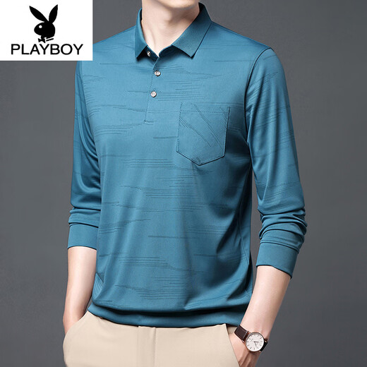 花花公子（PLAYBOY）男士长袖T恤春秋季翻领上衣真口袋有兜条纹宽松男装冰丝POLO保罗 B753波浪 蓝色 XL 175/115/52