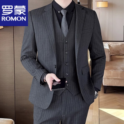 ROMON Striped Suit Men's 2025 Three-piece Slim Groom Wedding Dress Professional Formal Small Suit Jacket Men 1920 Black Suit Jacket M 170 Recommendation 105-120 Jin Jin equals 0.5 kg