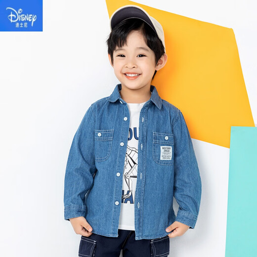 迪士尼（Disney）男童牛仔衬衫纯棉2025春季儿童翻领衬衣洋气韩版宝宝外套春秋9929 深色 130 cm