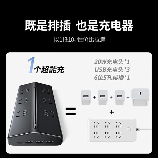 绿联T6桌面充电站USB排插氮化镓20W快充USB插座插排拖线板接线板多功能桌面拓展家用宿舍办公 黑色氮化镓20W快充【10合1魔盒】1.5米