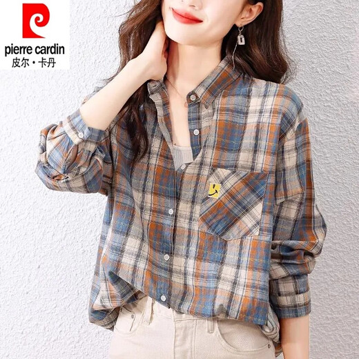 Pierre Cardin pure cotton plaid shirt for women spring and autumn new 2025 fashion shirt early spring style long-sleeved thin shirt top blue XL recommended 115-135 Jin Jin equals 0.5 kg
