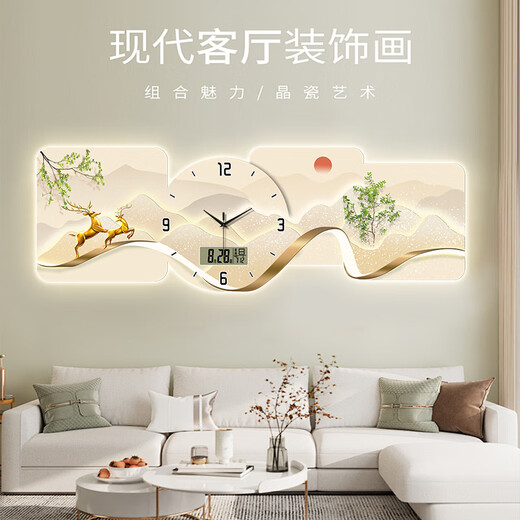 小小画钟福鹿万年历电子钟表挂钟客厅装饰画LED带灯餐厅沙发背景挂墙时钟 BG6623 LED灯画（插电款+遥控器） 47英寸 【120*40cm】