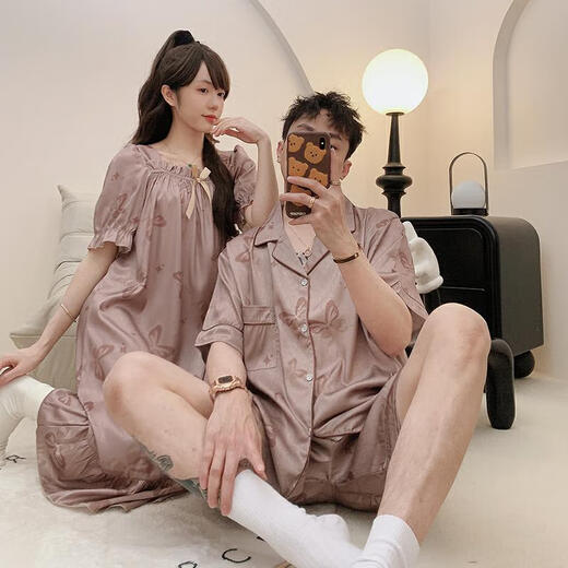 旭杉斯情侣睡衣一男一女夫妻两件套买一一女夏季短袖睡裙可爱休闲男士 kad13076吊带裙至13077 M  女+男L