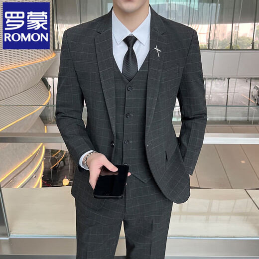 ROMON plaid suit suit male groom wedding suit three-piece groomsmen suit slim Korean style casual formal jacket dark gray three-piece suit free tie XL (120~135Jin Jin equals 0.5kg)