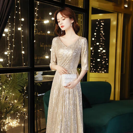 Yimimei champagne color Xi mother-in-law spring and summer style mother-in-law mid-length skirt can usually be worn at weddings and high-end mother-in-law dresses. Champagne gold long skirt length 138 SS (recommended 90-100 Jin Jin is equal to 0.5 kg) one size fits all