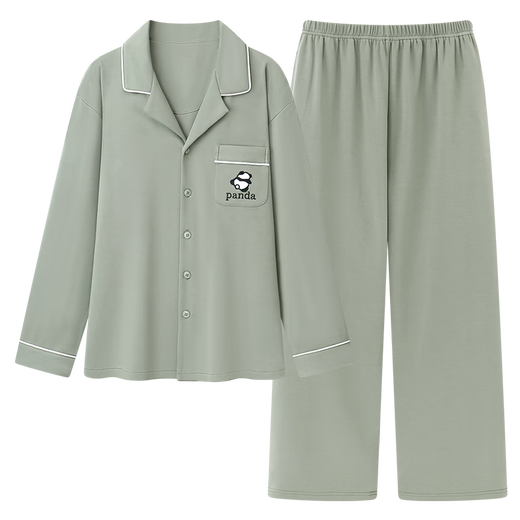 Ehepaar purer Baumwollpyjama für Frauen mit Herbst und Winter mit Brustpolster Panda Long Sleeves Neue Neujahrswaren große Größe für Outdoor-Verschleiß 16803 Herren-Graugrün [Herbst und Winter verdickt] XL 120-140jin [Jin gleich 0,5 kg]