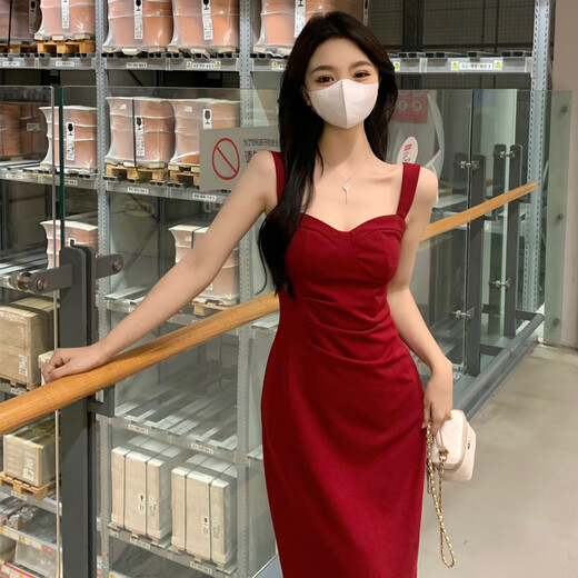 歌温妮夜店性感女装纯欲小个子大码红色吊带连衣裙外搭罩衫抹胸修身包臀 针织开衫+吊带裙 XL :（建议120%7E140斤）