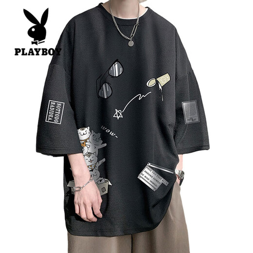 Playboy (PLAYBOY) Men's Short-sleeved T-shirt Summer Ice Silk New Fashionable Brand Hong Kong Style Kitten Printed Top Teenager Cubic Sleeve T-shirt TQ11115B Black + Q11162B Black L About 110~125Jin [Jin equals 0.5 kg] Can be worn