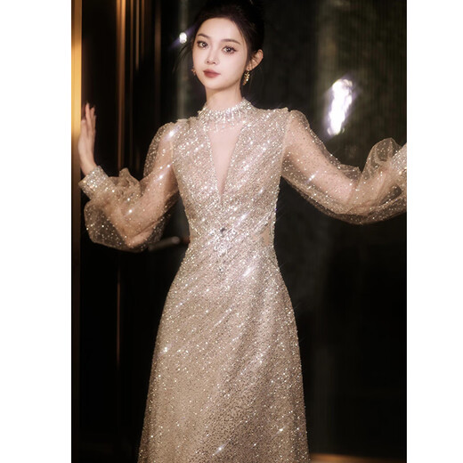 Little Deer Halter Neck Evening Dress Pink Heavy Industry Skirt 2025 New Temperament Adult Socialite Annual Meeting Host Dress Pink Champagne XS