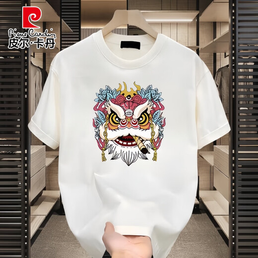 Piercadan National Tend Cotton Heavy Camiseta de manga corta Camiseta de manga corta 2025 Top de cuello redondo y suelto para hombres White [K963 Lion Dance] 3xl Recomendado 180-195Jin [Jin equivale a 0.5 kg]