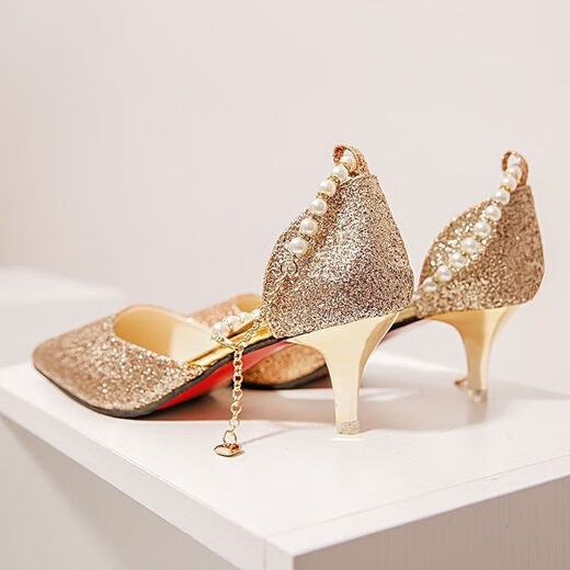 Ye Yu children's high heels, stiletto heels, elementary school girls' beaded pointed toe women's shoes, trendy stiletto heels, Korean style versatile shoes, silver (5CM) 36, inner length 23CM