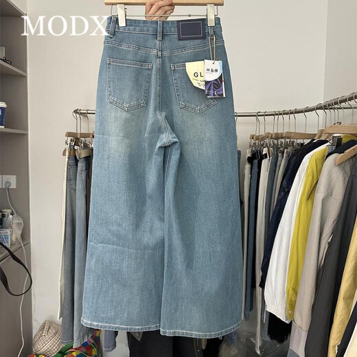 MODX3519韩版高腰复古阔腿牛仔裤女2025春季新款四面弹显瘦直筒九分裤 蓝色 S