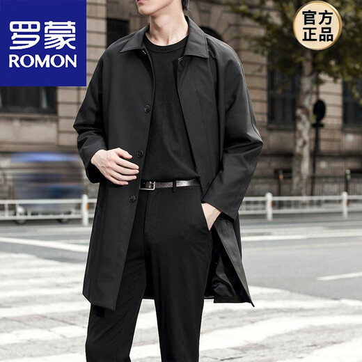 ROMON windbreaker men's mid-length coat 2026 new spring and autumn trendy Korean style loose business casual high-end coat black M loose version