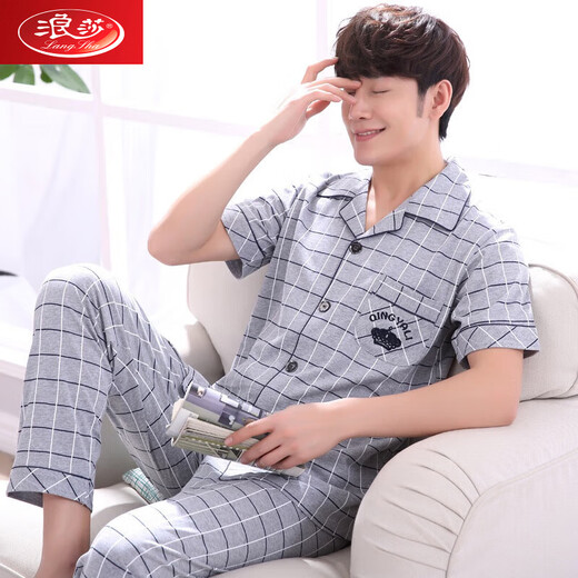 
Langsha pure cotton pajamas men's spring and summer short-sleeved trousers summer plus-size cardigan home clothing two-piece set thin style 691 M wear 90-100 Jin [Jin equals 0.5 kg]