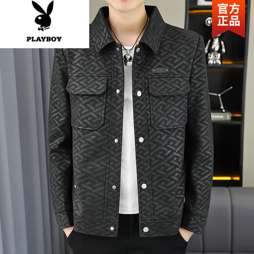 花花公子（PLAYBOY）男士翻领潮流夹克春秋装新款条纹外套中青年休闲轻熟风帅气褂子 9853黑色 XL 120135