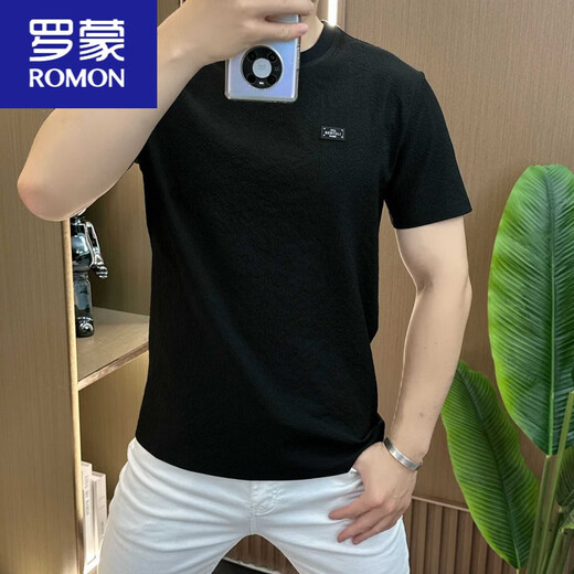 Romon Designer Summer Ice Silk Texture brodé de cou rond à manche à manches courtes pour hommes à manches courtes à la mode polyvalente et confortable nouveau produit 1105 blanc M 80-105Jin [Jin est égal à 0,5 kg]
