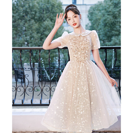 Zhufan high school student adult dress female champagne color evening dress light luxury niche high-end 2025 new host art test style A mid-length XS