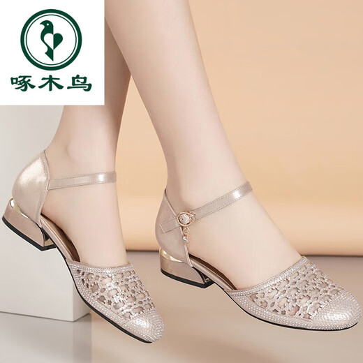 Woodpecker genuine leather thick heel bag-toe sandals for women soft sole fashion mother shoes summer mesh single shoes low heel hollow round toe women's shoes 699-9 champagne color 40